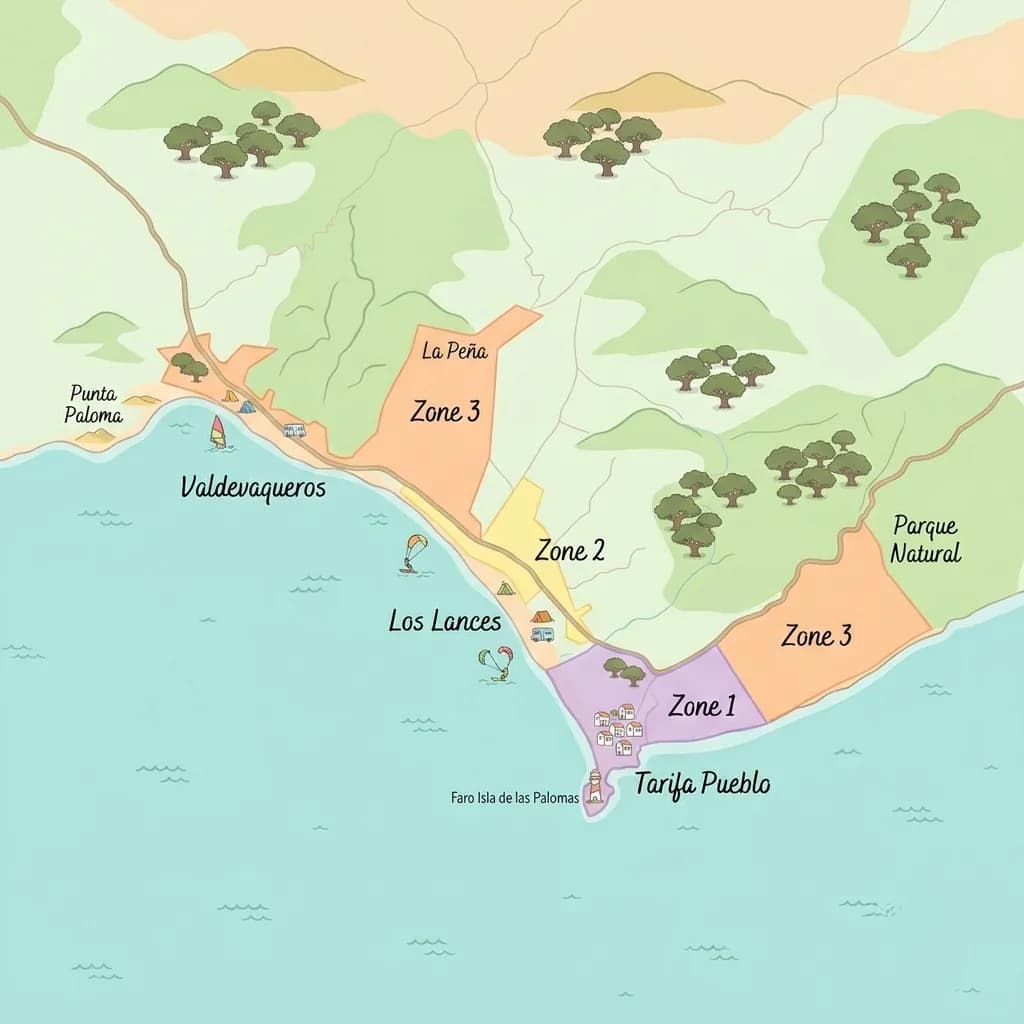 Illustrated map of the Tarifa coast, from Punta Paloma to the Isla de las Palomas lighthouse, showing our three delivery zones.